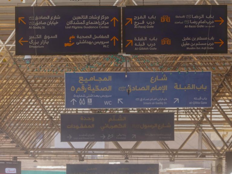 Señalización de orientación instalada por el Sagrado Santuario Alawi para guiar a los peregrinos de Arbaín en Nayaf Al-Ashraf.